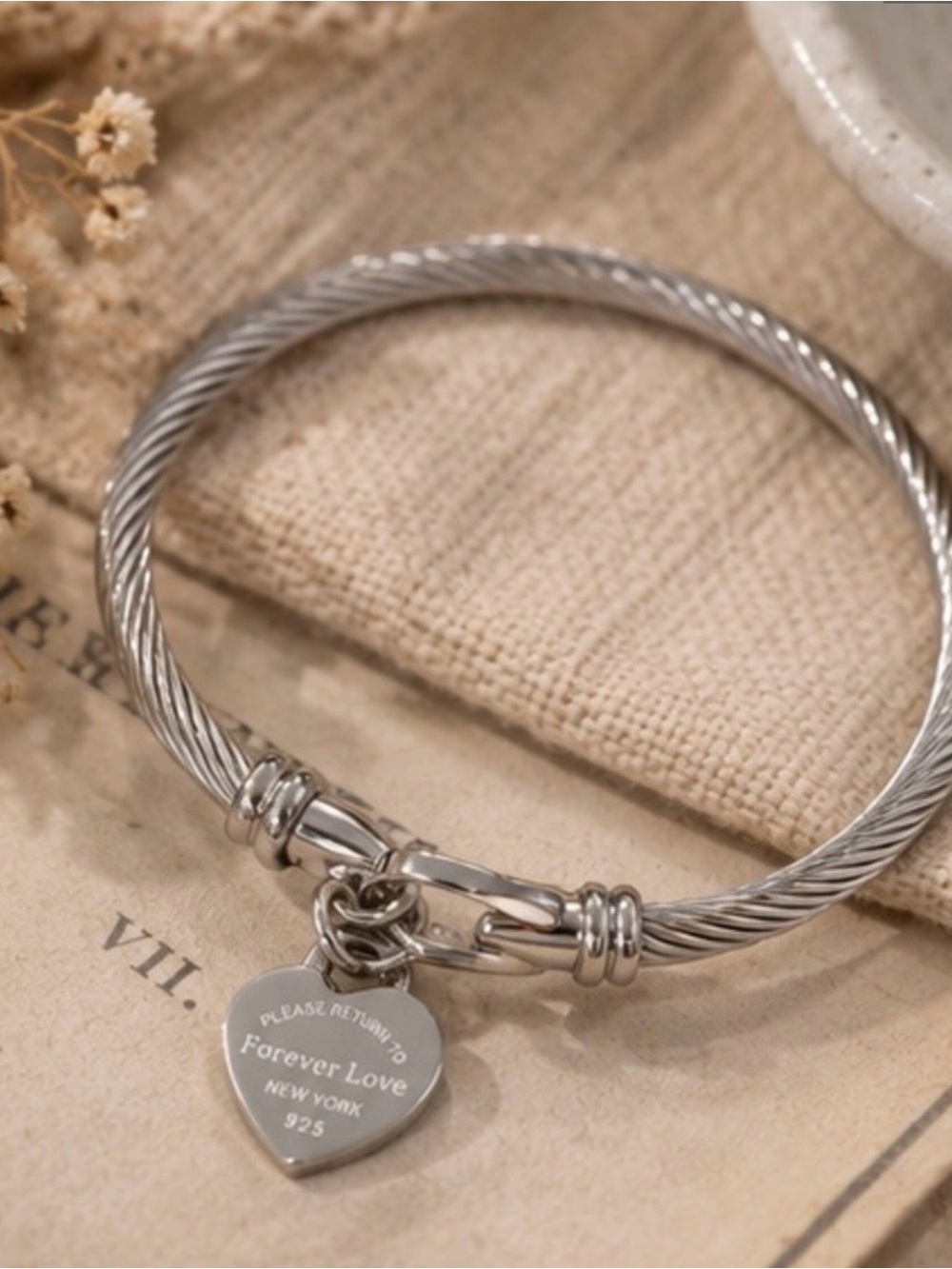 Designer Inspired Forever Love Silver Heart Charm Bangle Bracelet